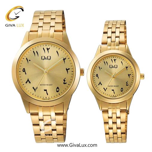 ساعت مچی اورجینال ست کیو اند کیو Q&Q طلایی | طلایی| طلایی| کد رفرنس مردانه: C00A-013PY، زنانه: C01A-009PY